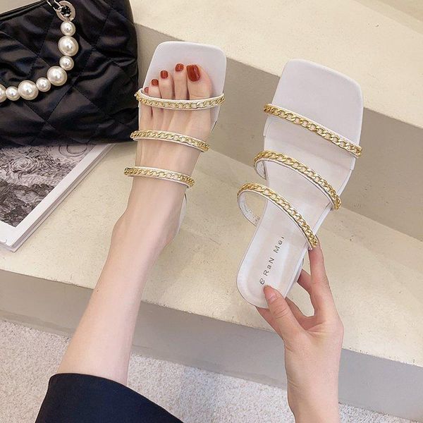 thick heel slippers women metal chain narrow band shoes summer casual beach open toe low slides mujer, Black
thick heel slippers women metal chain narrow band shoes summer casual beach open toe low slides mujer, Black