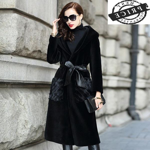 women's fur & faux shearing natural sheep coat female winter wool jackets women hooded mink pockets slim long belt clothes lwl13a1, Black
women's fur & faux shearing natural sheep coat female winter wool jackets women hooded mink pockets slim long belt clothes lwl13a1, Black