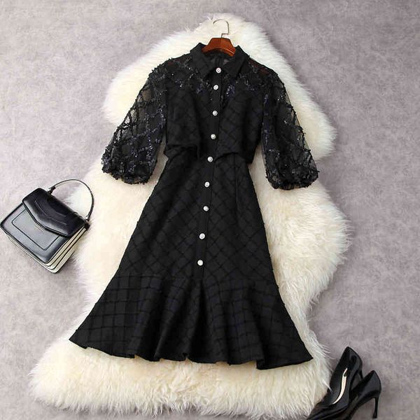 casual dresses spring 3/4 sleeve lapel neck black plaid denim sheer tulle panelled single-breasted mermaid dress elegant lm1211935 v1gp, Black;gray 
casual dresses spring 3/4 sleeve lapel neck black plaid denim sheer tulle panelled single-breasted mermaid dress elegant lm1211935 v1gp, Black;gray