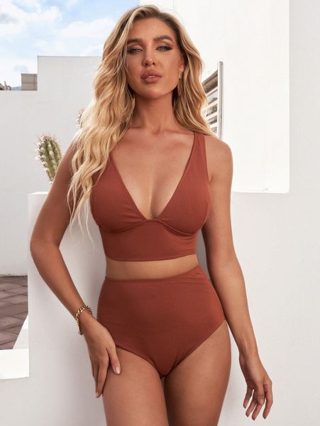 rib v neck high waisted bikini swimsuit 89xj#, White;black 
rib v neck high waisted bikini swimsuit 89xj#, White;black