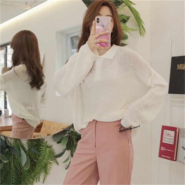 korean fashion loose knitted t shirts tees women long sleeve turn-down collar see though solid casual t-shirts femme 210518, White
korean fashion loose knitted t shirts tees women long sleeve turn-down collar see though solid casual t-shirts femme 210518, White