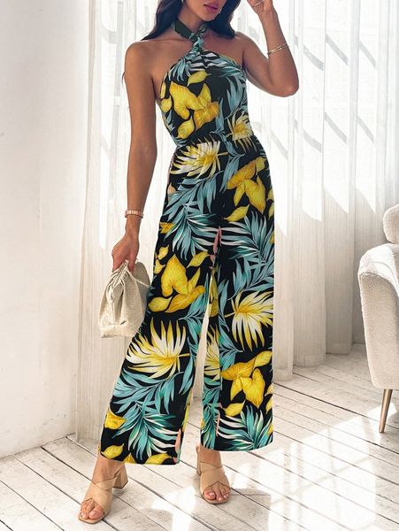 random tropical print tie backless halter jumpsuit g6wi#, White