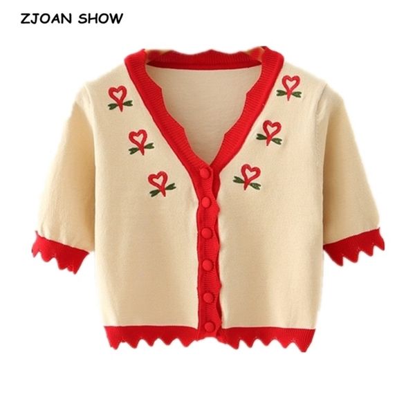 women knit single-breasted button cardigan embroidery sweater retro exposed navel short knitwear sleeve jumper 210429, White;black
women knit single-breasted button cardigan embroidery sweater retro exposed navel short knitwear sleeve jumper 210429, White;black