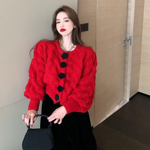 women's knits & tees flower button bubble sleeve red sweater 2021 spring short cardigan, White
women's knits & tees flower button bubble sleeve red sweater 2021 spring short cardigan, White