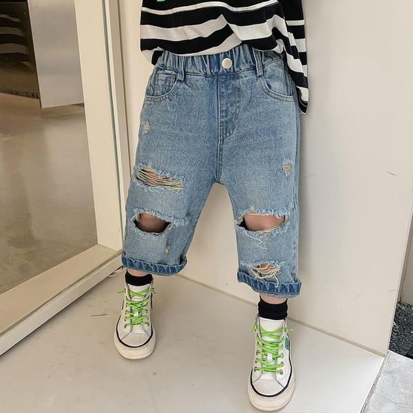 children's clothing boys denim cropped pants 2021 spring and summer ripped trend trousers, Blue
children's clothing boys denim cropped pants 2021 spring and summer ripped trend trousers, Blue
