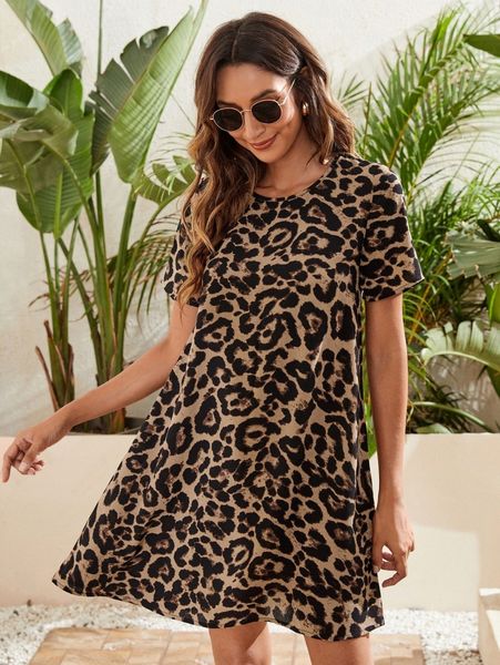leopard print tunic dress m5q3#, Black;gray