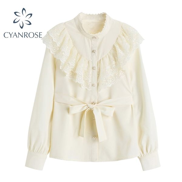 stand collar apricot blouses high waist bandage cardigan shirts elegant spring lace spliced korean office ladies mujer 210515, White
stand collar apricot blouses high waist bandage cardigan shirts elegant spring lace spliced korean office ladies mujer 210515, White