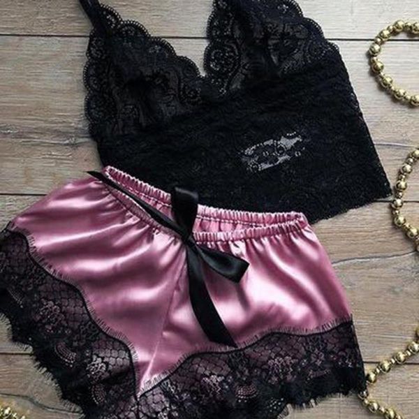 two piece pajamas lace women sleepwear summer satin pijamas feminino sleep lingerie sleeveless pijama shorts sets, Black;red
two piece pajamas lace women sleepwear summer satin pijamas feminino sleep lingerie sleeveless pijama shorts sets, Black;red