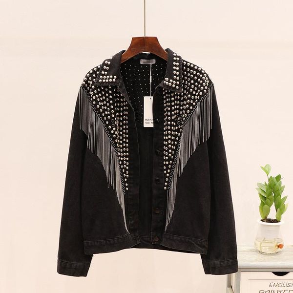 women's jackets 2021 autumn streetwear denim jacket women hand-studded rivet tassel chain short jeans loose vintage casual black coats, Black;brown
women's jackets 2021 autumn streetwear denim jacket women hand-studded rivet tassel chain short jeans loose vintage casual black coats, Black;brown