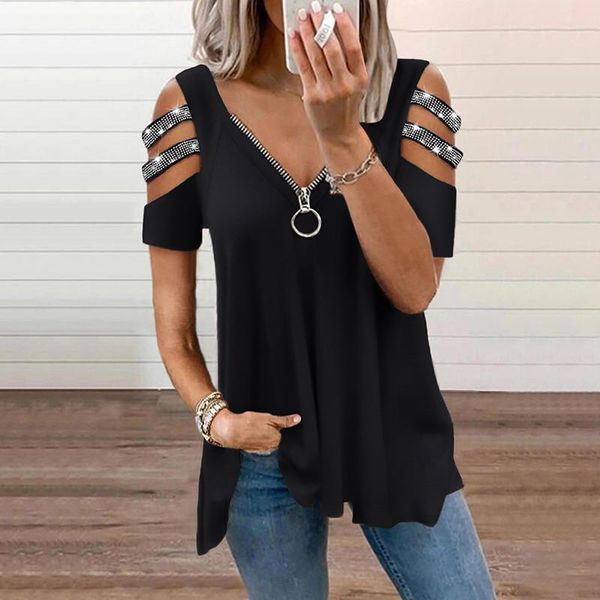women's summer fashion studded cold shoulder cutout sleeve zip front casual short t-shirt, White
women's summer fashion studded cold shoulder cutout sleeve zip front casual short t-shirt, White