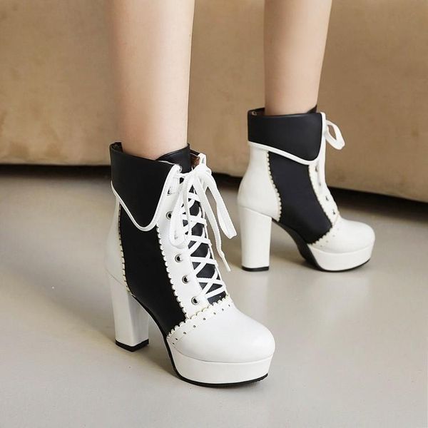 boots lolita women's bow tie color matching super high heel bandage thick short fashion large, Black
boots lolita women's bow tie color matching super high heel bandage thick short fashion large, Black