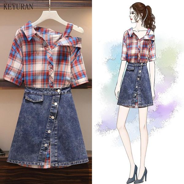 two piece dress plus size set womens outfit off shoulder plaid long blouse and denim short skirt 2 suit summer clothes for women, White
two piece dress plus size set womens outfit off shoulder plaid long blouse and denim short skirt 2 suit summer clothes for women, White