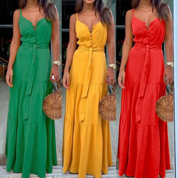 casual dresses women spaghetti strap solid maxi dress summer elegant v neck belt ruffle femme beach long party robe vestidos mujer, Black;gray
casual dresses women spaghetti strap solid maxi dress summer elegant v neck belt ruffle femme beach long party robe vestidos mujer, Black;gray