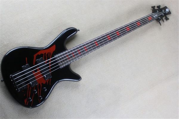 5 strings black body electric bass guitar with red block inlay,black hardware,2 pickups,can be customized
5 strings black body electric bass guitar with red block inlay,black hardware,2 pickups,can be customized
