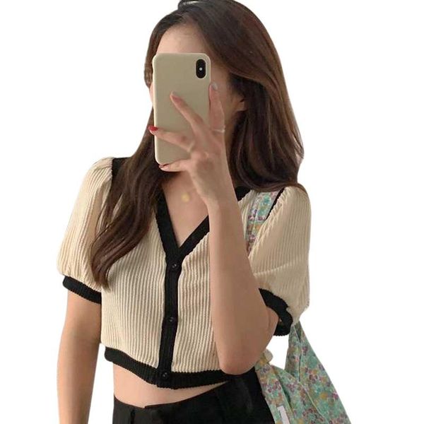 women's t-shirt summer french v-neck clothes contrast short tshirt knitted sleeve bubble tee, White
women's t-shirt summer french v-neck clothes contrast short tshirt knitted sleeve bubble tee, White