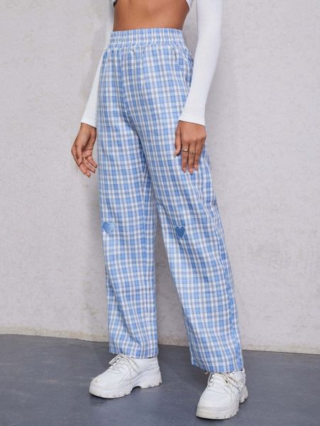 plaid heart embroidery straight leg pants h9vc#, Black;white