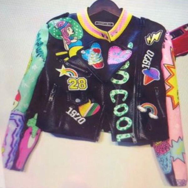 women's leather & faux graffiti rivets beading women pu jacket punk spring autumn fashion motorcyle coats, Black
women's leather & faux graffiti rivets beading women pu jacket punk spring autumn fashion motorcyle coats, Black