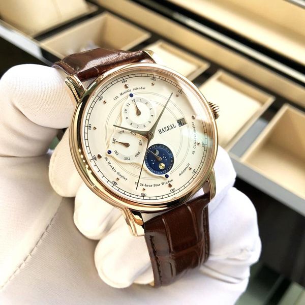 wristwatches hazeal men's automatic mechanical watch sapphire glass waterproof male wristwatch moon phase calendar week watchse, Slivery;brown
wristwatches hazeal men's automatic mechanical watch sapphire glass waterproof male wristwatch moon phase calendar week watchse, Slivery;brown