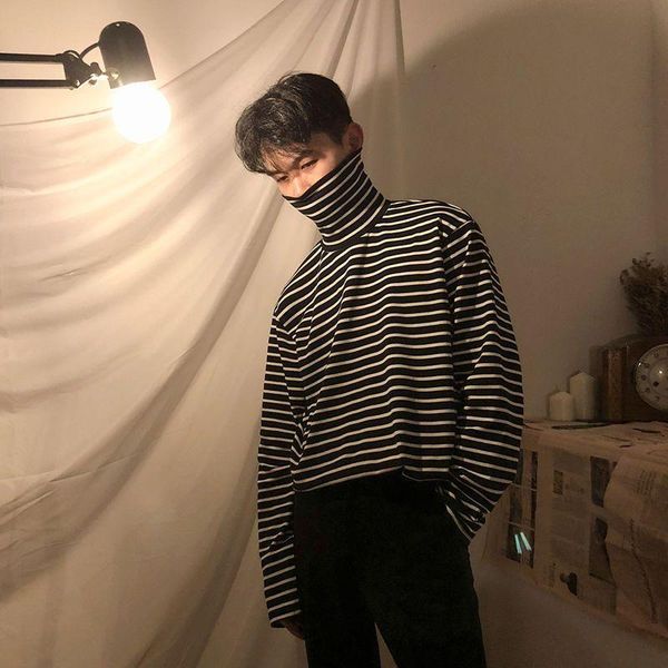 men's t-shirts black white striped high neck bottom shirt autumn winter oversized couples versatile long-sleeved t-shirt top, White;black
men's t-shirts black white striped high neck bottom shirt autumn winter oversized couples versatile long-sleeved t-shirt top, White;black