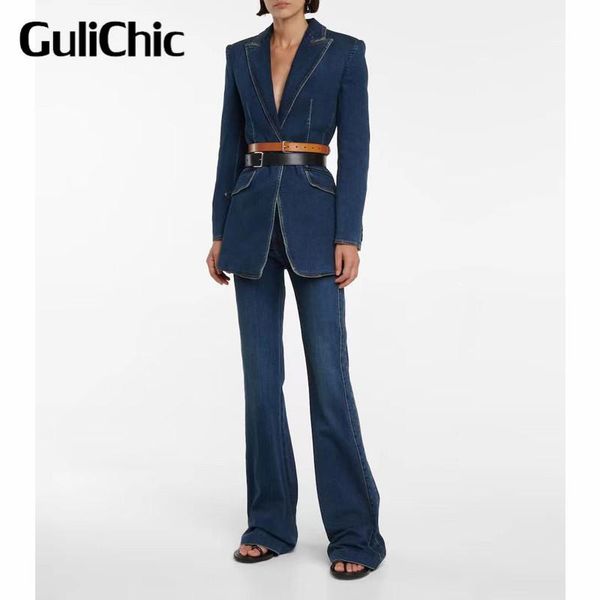 women's two piece pants 8.3 gulichic cotton single button slim denim blazer or high waist flare jeans fashion set without belt, White
women's two piece pants 8.3 gulichic cotton single button slim denim blazer or high waist flare jeans fashion set without belt, White