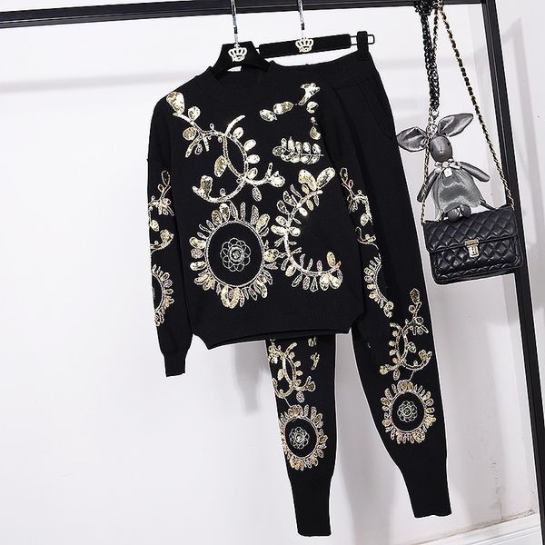 women's tracksuits gold leaf board embroidered women's fashions knitted sweater clothes + casual little feet twoo pants set of par, Gray
women's tracksuits gold leaf board embroidered women's fashions knitted sweater clothes + casual little feet twoo pants set of par, Gray