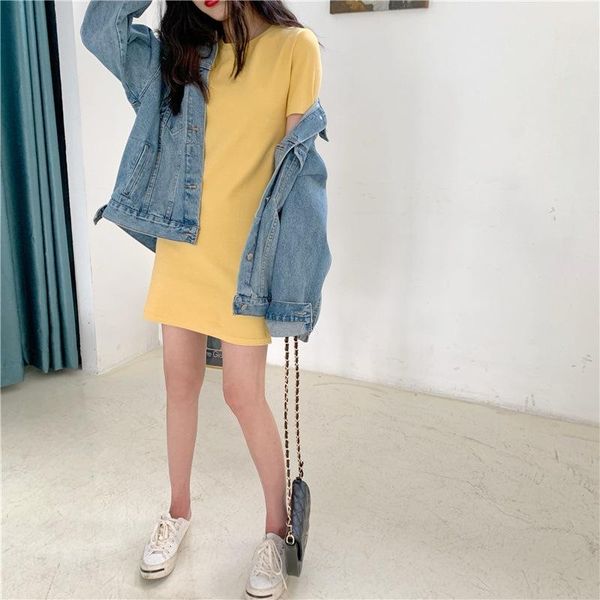 women's t-shirt summer edition korea slim pure color short-sleeved medium-length dress foreign trade, White
women's t-shirt summer edition korea slim pure color short-sleeved medium-length dress foreign trade, White