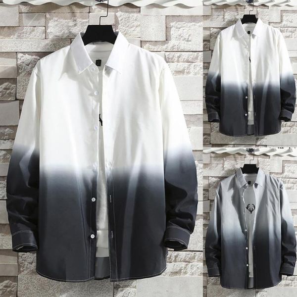 men's casual shirts fashion men shirt long sleeve turn down collar gradient color buttons loose breathable mens blouse, White;black
men's casual shirts fashion men shirt long sleeve turn down collar gradient color buttons loose breathable mens blouse, White;black