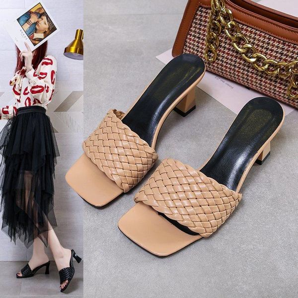 slippers square high heels summer women toe sandals ladies pu leather plaid outside female fashion woman shoes mules, Black 
slippers square high heels summer women toe sandals ladies pu leather plaid outside female fashion woman shoes mules, Black
