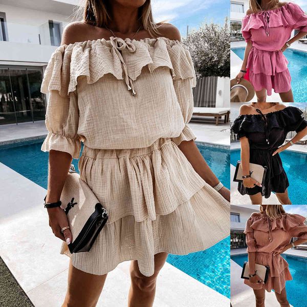charming dresses 2021 women's skirt, one line collar, close waist, short sleeve and ruffle, Black;gray
charming dresses 2021 women's skirt, one line collar, close waist, short sleeve and ruffle, Black;gray