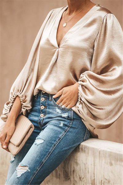 echoine women blouses office lady shirts v-neck low cut lantern sleeve loose elegant smooth silk and satins highstreet, White
echoine women blouses office lady shirts v-neck low cut lantern sleeve loose elegant smooth silk and satins highstreet, White