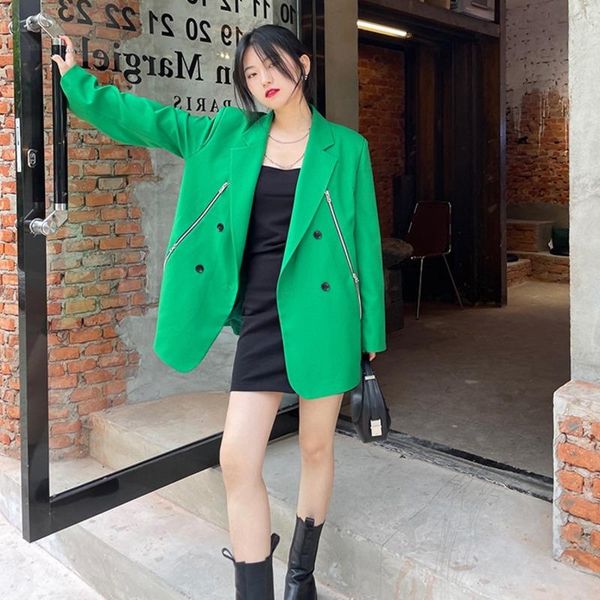 women's suits & blazers 2021 spring autumn zipper blazer women streetwear korean loose fried street female suit coat green casual outwe, White;black
women's suits & blazers 2021 spring autumn zipper blazer women streetwear korean loose fried street female suit coat green casual outwe, White;black