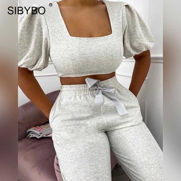 sibybo cotton square collar two piece set women puff sleeve crop harem sweatpants sets casual sporty active wear tracksuits, Black;white
sibybo cotton square collar two piece set women puff sleeve crop harem sweatpants sets casual sporty active wear tracksuits, Black;white