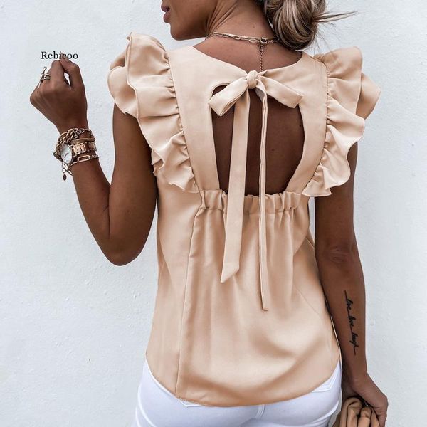 women's blouses & shirts women solid ruffle back hollow out tie-up bow shirt office lady o neck sleeveless design blusas, White
women's blouses & shirts women solid ruffle back hollow out tie-up bow shirt office lady o neck sleeveless design blusas, White
