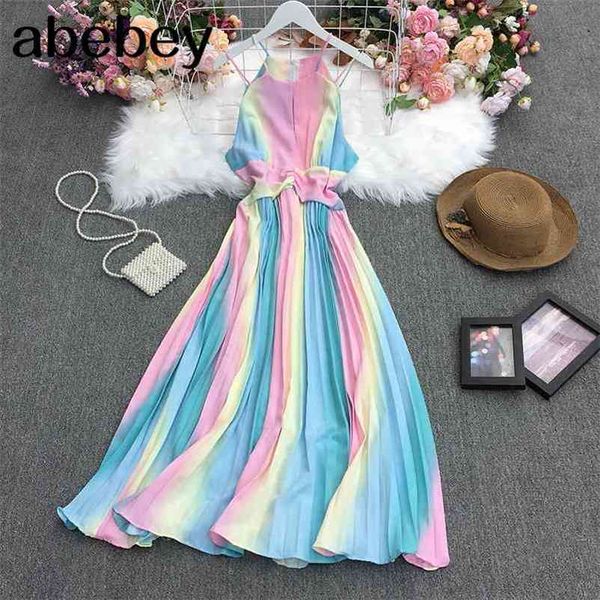 summer fashion all-match sleeveless rainbow color dress waist slim hanging neck sling pleated dress 210715, Black;gray
summer fashion all-match sleeveless rainbow color dress waist slim hanging neck sling pleated dress 210715, Black;gray