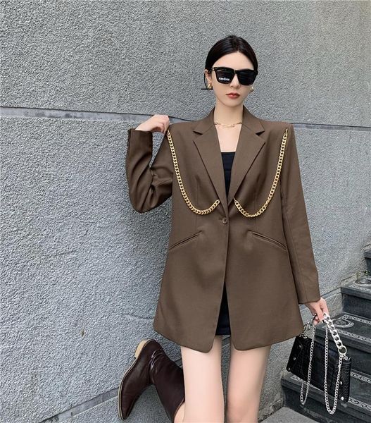 women's suits & blazers 2021 early autumn high-quality coffee color casual niche british style metal chain suit all-match jacket women, White;black
women's suits & blazers 2021 early autumn high-quality coffee color casual niche british style metal chain suit all-match jacket women, White;black