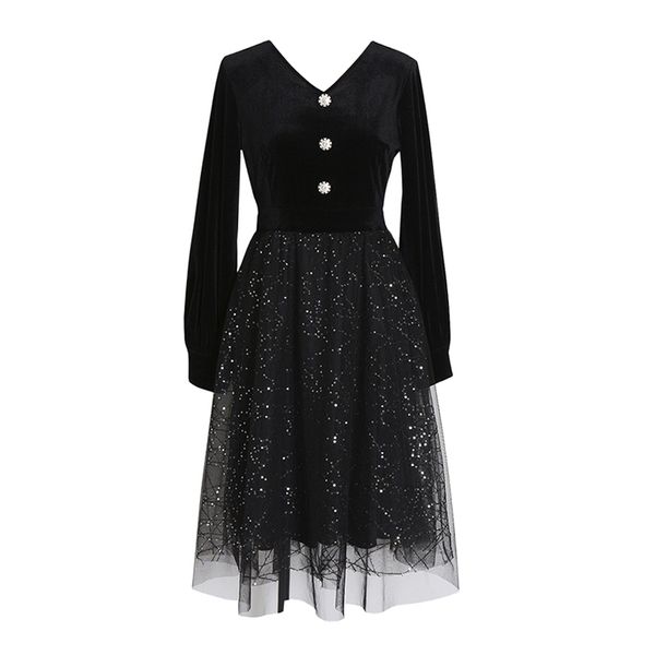women vintage mesh solid black v neck long sleeve knee length dress sequined velvet d1532 210514, Black;gray
women vintage mesh solid black v neck long sleeve knee length dress sequined velvet d1532 210514, Black;gray
