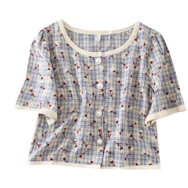 women shirt short sleeve summer o neck solid plaid floral print red khaki blue b0674 210514, White
women shirt short sleeve summer o neck solid plaid floral print red khaki blue b0674 210514, White