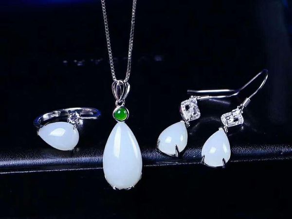 bracelet, earrings & necklace hetian baiyu silver inlay set white jade drops three-piece h10#, Black
bracelet, earrings & necklace hetian baiyu silver inlay set white jade drops three-piece h10#, Black