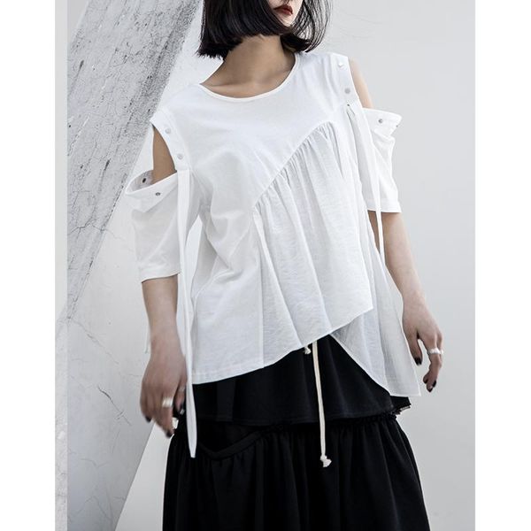 women's t-shirt superaen summer strapless short-sleeved loose streetwear style niche design temperament, White
women's t-shirt superaen summer strapless short-sleeved loose streetwear style niche design temperament, White