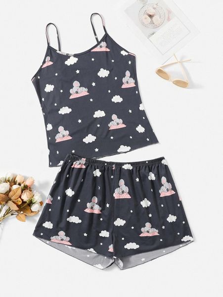 plus cartoon graphic cami pj set e0rh#, Black;white
