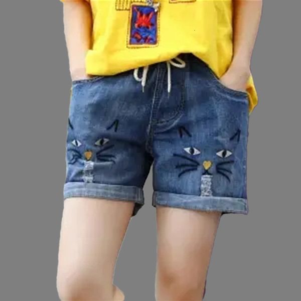 women's 2021 summer new denim shorts national style embroidered loose and thin elastic waist pants, White;black
women's 2021 summer new denim shorts national style embroidered loose and thin elastic waist pants, White;black