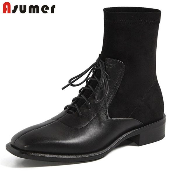 boots asumer 2021 genuine leather +flock stretch women low heel casual shoes square toe lace up ankle, Black
boots asumer 2021 genuine leather +flock stretch women low heel casual shoes square toe lace up ankle, Black