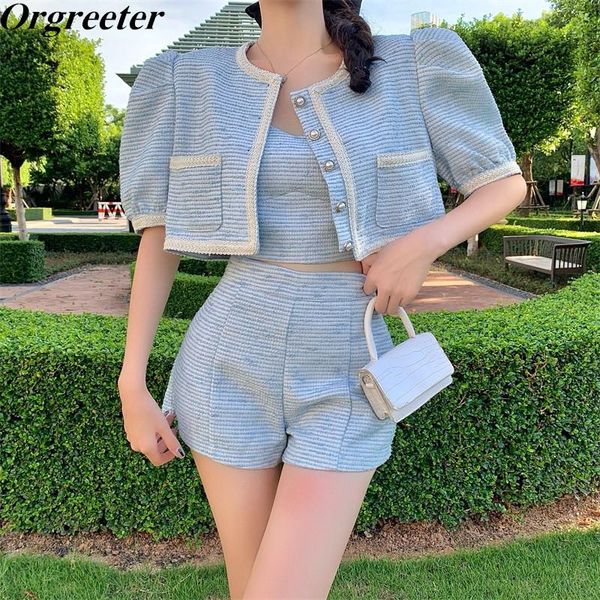 women's tracksuits small fragrant wind tweed crop 2 piece set women summer fall blue puff sleeve cardigan jacket +sling + shorts 3, Gray
women's tracksuits small fragrant wind tweed crop 2 piece set women summer fall blue puff sleeve cardigan jacket +sling + shorts 3, Gray