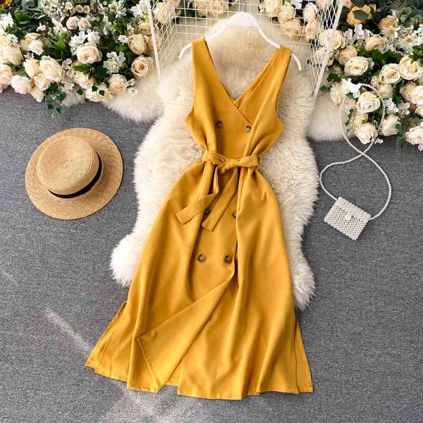 elegant solid tank dress retro button lace up v neck split a-line dress summer sleeveless korean streetwear dress 210419, Black;gray
elegant solid tank dress retro button lace up v neck split a-line dress summer sleeveless korean streetwear dress 210419, Black;gray