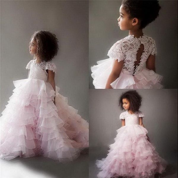 light pink tiered flower girl dress with train lace new pageant gowns cap sleeves tulle birthday gowns, White;blue
light pink tiered flower girl dress with train lace new pageant gowns cap sleeves tulle birthday gowns, White;blue