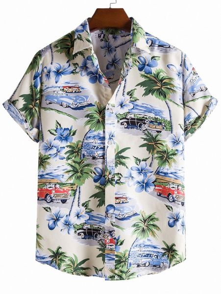 men hawaiian print button up shirt o2cc#, White;black