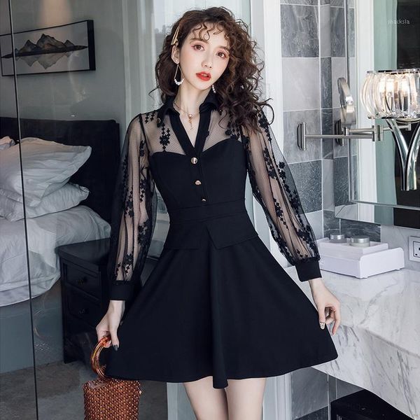 #5253 spring autumn spliced mesh a-line dress high waisted hollow out women dresses front buttons long sleeved mini casual, Black;gray
#5253 spring autumn spliced mesh a-line dress high waisted hollow out women dresses front buttons long sleeved mini casual, Black;gray