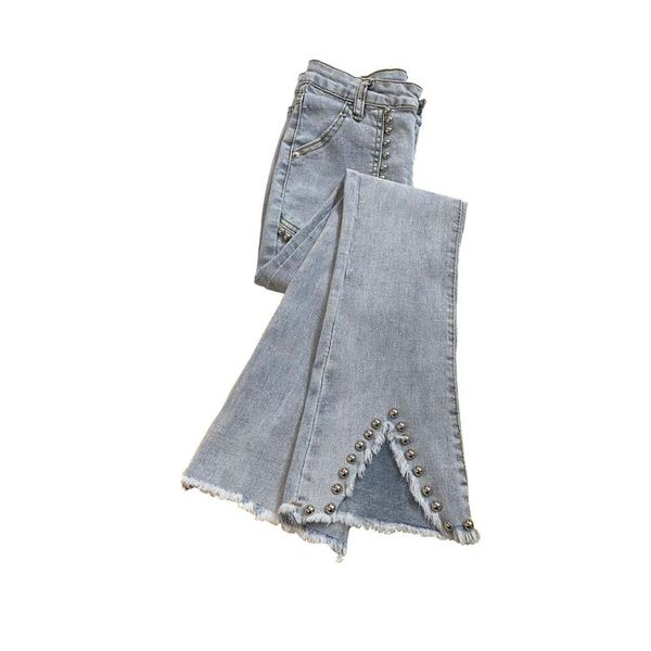 women's jeans pants since waist burrs nail tassel fork flared trousers, Blue 
women's jeans pants since waist burrs nail tassel fork flared trousers, Blue