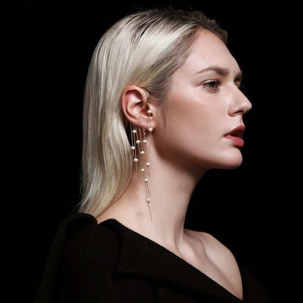 e6590 back earrings european and american long pearl tassel five ear holes single personality diamond, Silver
e6590 back earrings european and american long pearl tassel five ear holes single personality diamond, Silver