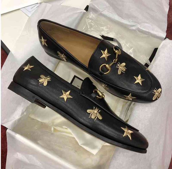 series leather jordaan shoes for men and women general paris star embroidery bee, Black 
series leather jordaan shoes for men and women general paris star embroidery bee, Black